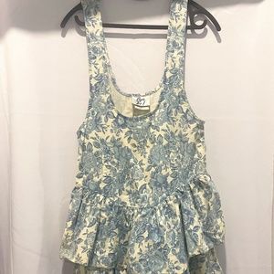 Thrifted denim long strap ruffle floral dress